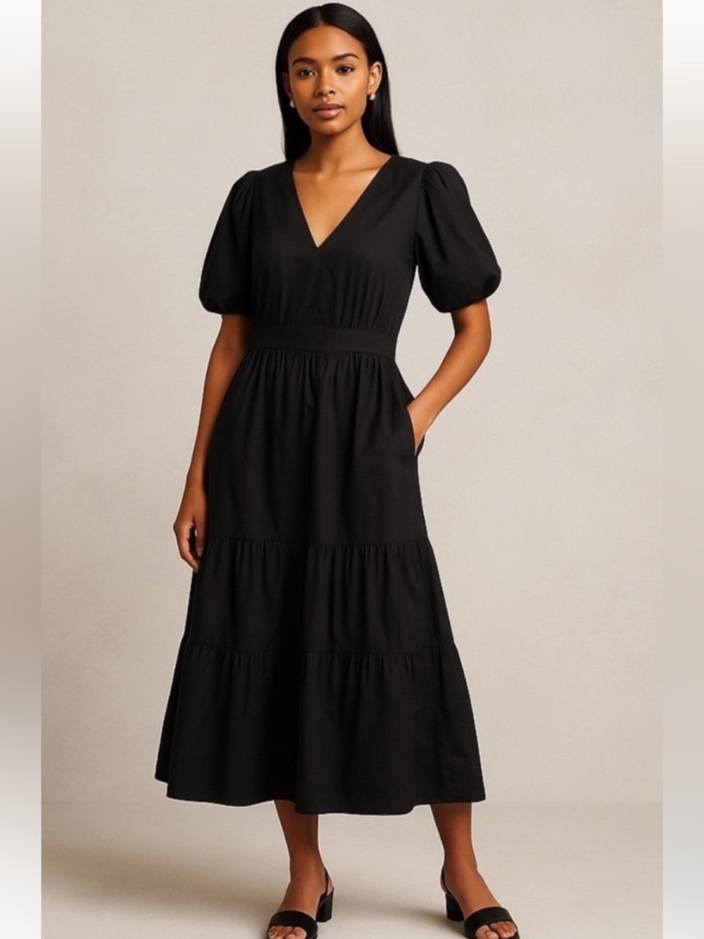French Connection Peasant Midi Tiered Puff Sleeve Dress